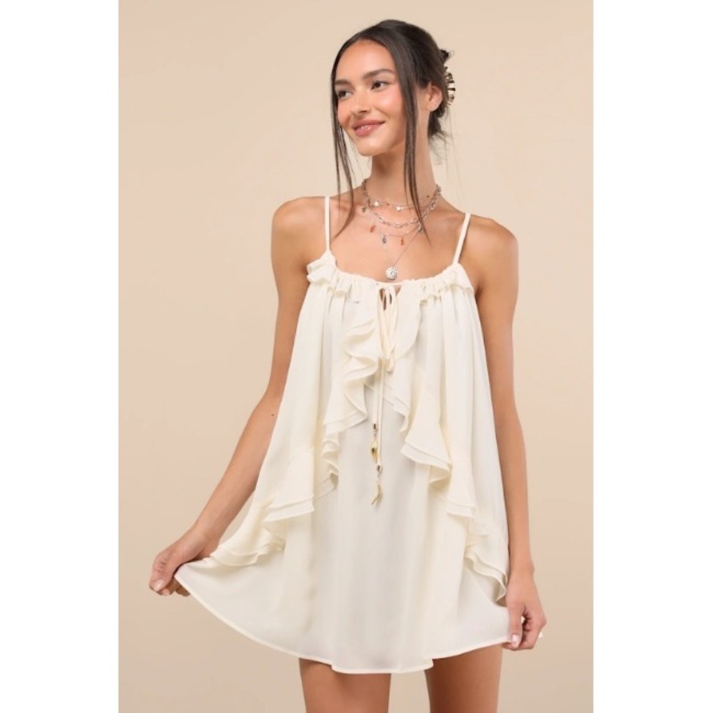 Nessie Ivory Sleeveless Ruffled Mini Dress Womens Medium Cottagecore Boho EUC